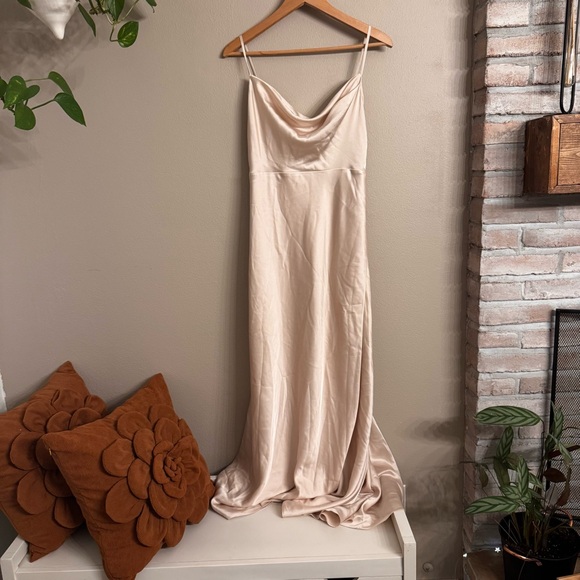 FAME‎ AND PARTNERS Rosabel Light Nude Cowl Neck Silky Maxi Dress - Picture 2 of 7